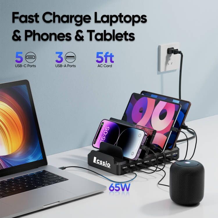 Lcssio 300W Charging Station for Multiple Devices, 8 Port Fast Charger | Fast Charging, Safety Certified, Compact Design, Organized Charging, Multiple Devices at Once, With 6 Cables Black