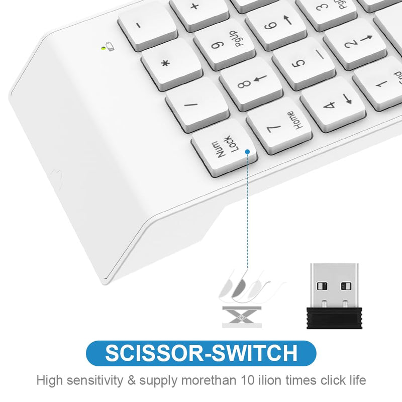 Wireless Numpad with Type C to USB Adapter, Numeric Keypad Number Pad Compatible with Laptops Computer Desktop MacBook Air Pro - 10 Key USB Keypad Office Accessories White