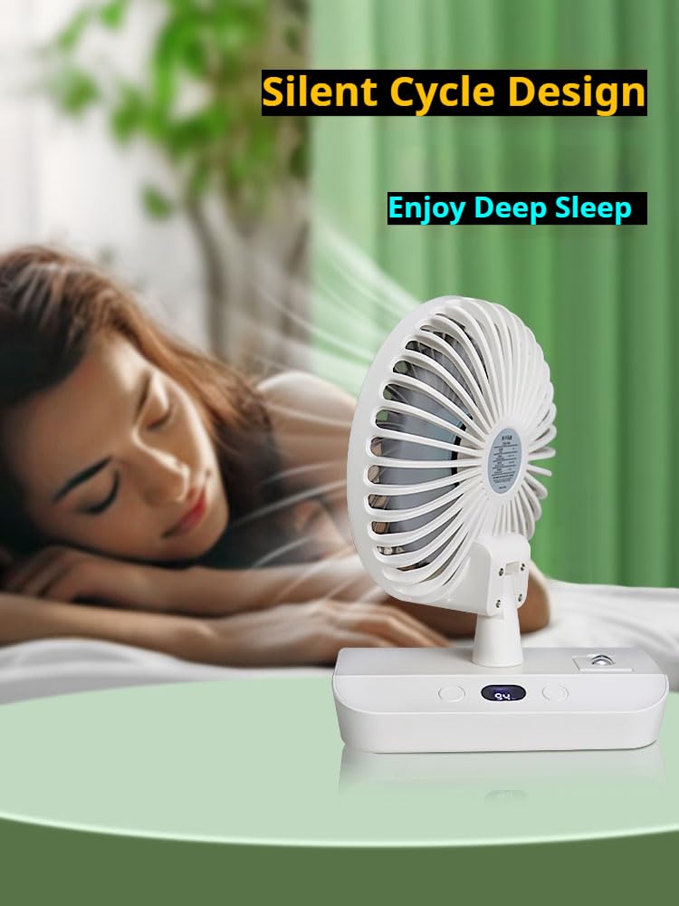 Desk Fan, 5.5" 4000mAh Rechargeable USB Portable Fan with Night Light, 90° Auto Oscillating Fan with Digital Display and Hanging Hook, 4 Speeds Strong Wind, 14Hours for Home Office Kitchen Camping