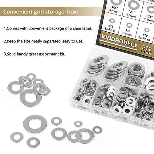 272 Pieces 304 Stainless Steel Flat Washers, Fender Washers, Kindroufly 8 Sizes Stainless Steel Washers, Lock Metal Washers Assortment Kit (#6#8#10#12 1/4" 5/16" 3/8" 1/2") #6 #8 #10 #12 1/4" 5/16" 3/8" 1/2"