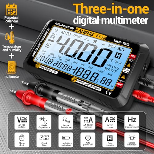 ANENG Digital Multimeter Tester,4000 Counts Voltage Tester,Auto-Ranging TRMS Volt Meter,Large LCD Ohm Meter Measures AC/DC Current,Voltage,Resistance, Diode,Continuity,Capacitance,Temperature 613 Black Large Screen