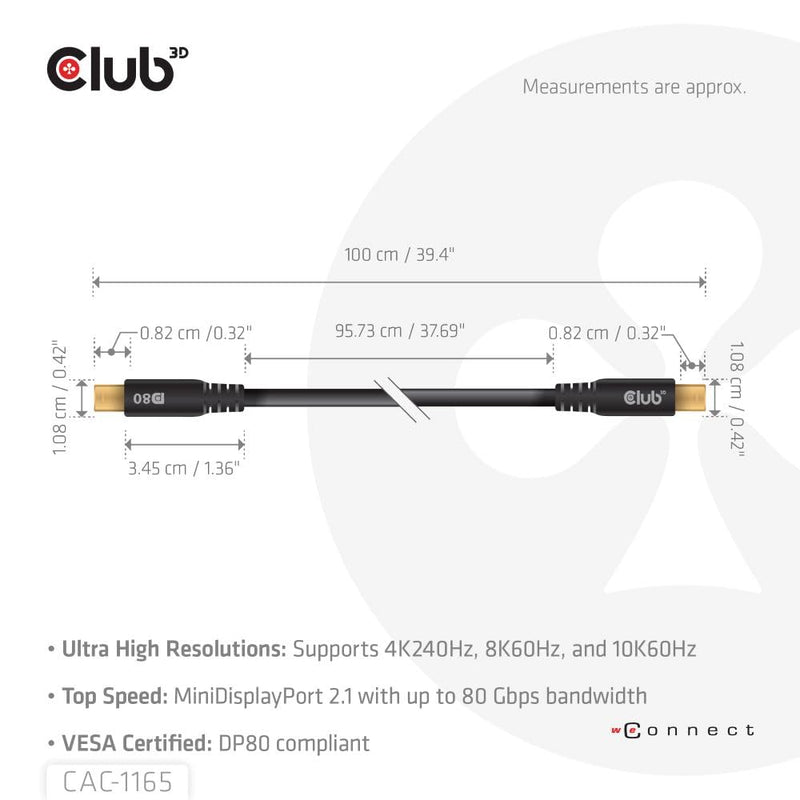 Club 3D CAC-1165 Mini DisplayPort to Mini DisplayPort Bi-Directional VESA DP80 Certified Cable M/M 1m/3.28ft