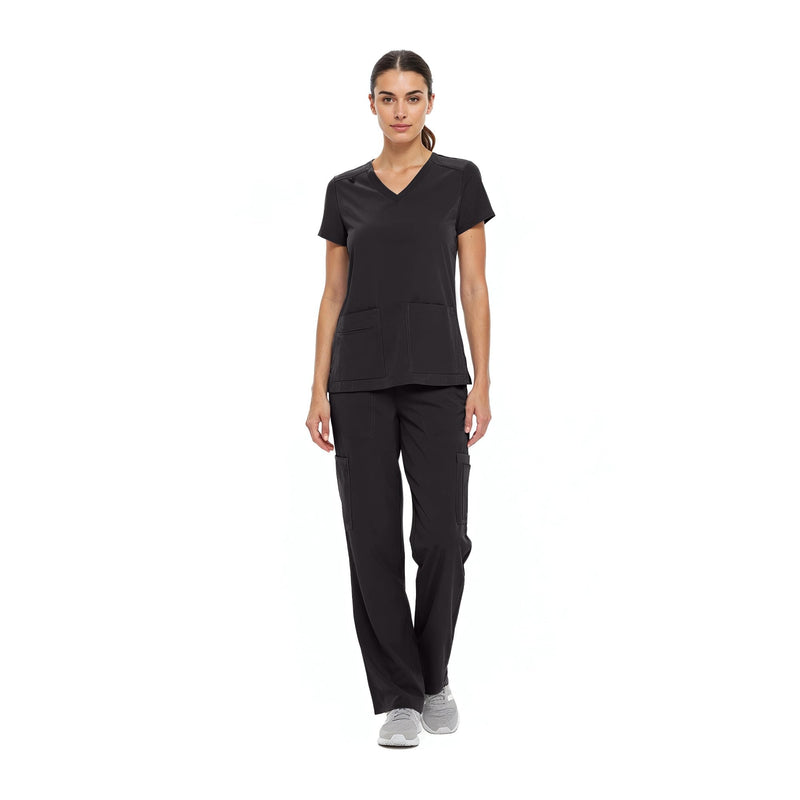 Natural Uniforms Women's Cool Stretch V-Neck Top and Cargo Pant Scrub Set with Regular and Petite Sizes Large Black