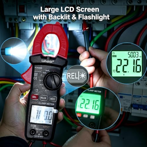 Clamp Mete, 6000 Counts, Auto Ranging, Measures High AC/DC Current 600A, 600V AC/DC Voltage, Multimeter, Voltage Meter, Amp Meter, Electrician Tools, with Alligator Clips, Backlit Display