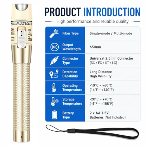 Visual Fault Locator Fiber Optic Tester, 2.5mm Universal Connector for LC/FC/SC/ST, Visual Fault Finder for FTTH Cable Breakpoint & Continuity Checking (Golden, 80-100KM) Golden
