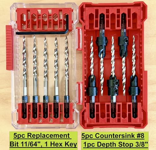 FTG USA 5 Pc #8 (11/64") Countersink Drill Bit Set with 5 Replacement Bits 5 Countersinks + 5 Spares