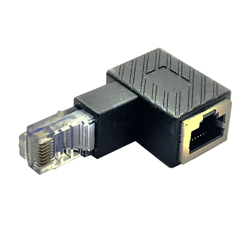 2Pack 90 Degree Down Angled Ethernet LAN RJ45 Male to Female Adapter Shielded Network Patch Connector (Black Down Angled) Black Down Angled
