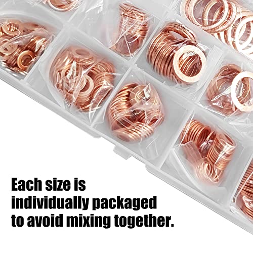 Joywayus Copper Washer Assortment Set, 330 Pieces 12 Sizes Copper Metric Sealing Washers Flat Washer Kit 12size-300PCS