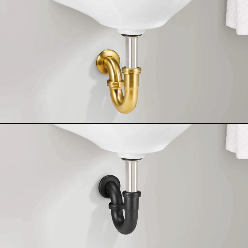 18 Gauge Solid Brass P-Trap 1 1/4” OD, Heavy Duty Brass Tubular J Bend Pipe Connector, Decorative Bathroom Basin Sink Waste Trap Drain Kit with Flange and Gasket Washers, Brushed Gold