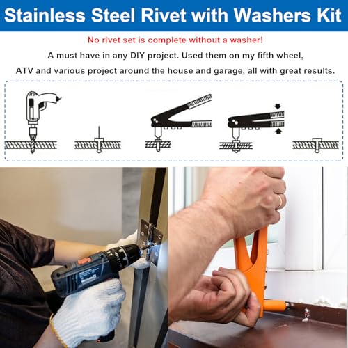 240pcs Steel Rivets with Washers 7-Sizes 304 Stainless Steel Pop Rivets Assortment Kit 1/8",5/32",3/16" for Metal,Furniture,Automotive,Instruments Silver Steel Rivet+Washers