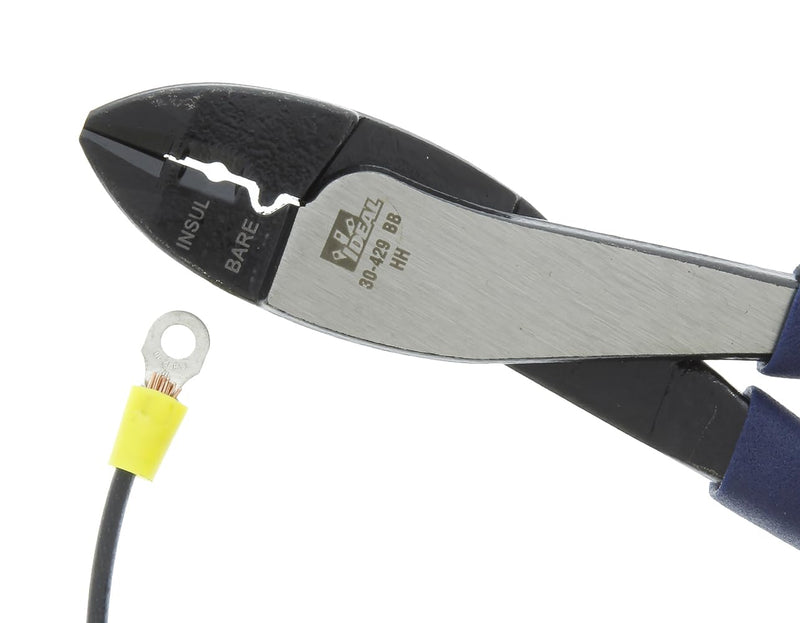 IDEAL Electrical 30-429 Multi-Crimp Tool - 9.75 in., High Leverage Pivot Wire Crimper with Knife-To-Anvil Blades, Dipped PVC Grips Standard Grip