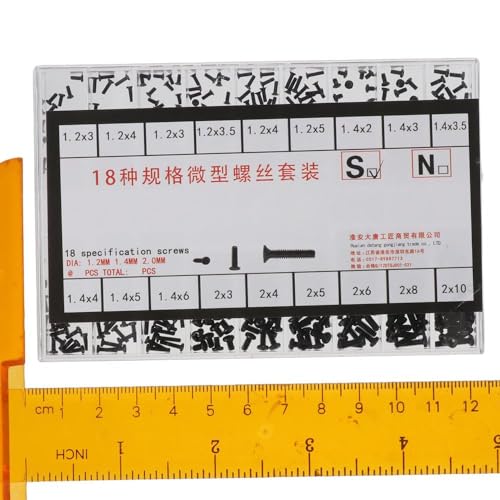 FEIYING Small Screws Assortment Kit, 18 Kinds M1.2 / M1.4 / M2.0 Mini Micro Screws Set, Black Repair Screws for Sunglasses, Glasses, Watches, Clocks (Round Head & Countersunk Head)