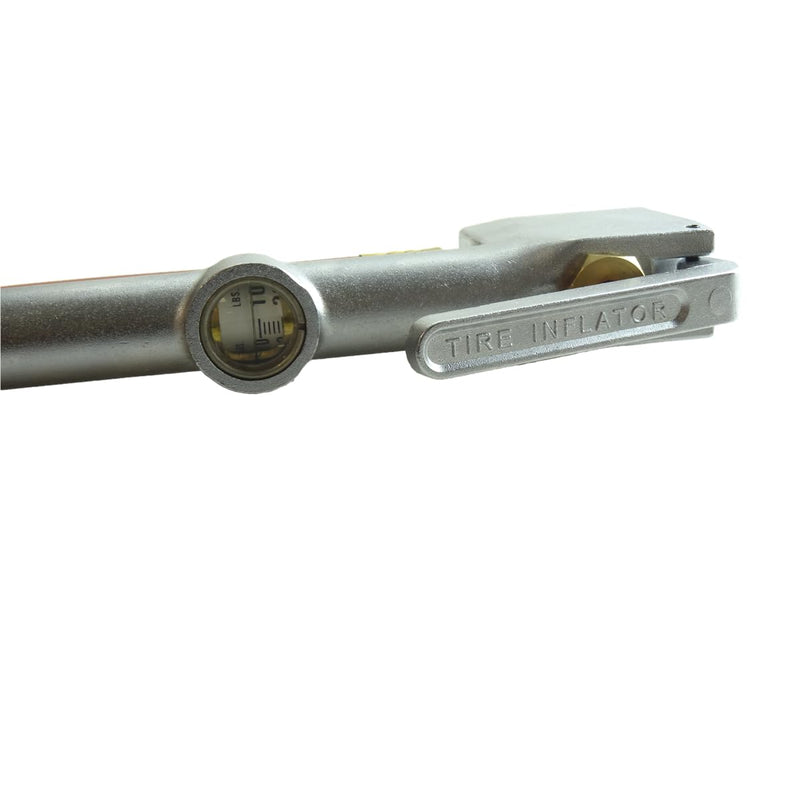 K Tool International 89002 Tire Inflator Gauge with Dual-Head Chuck for Garages, Repair Shop and DIY, 15" Air Hose, 1/4" NPT, 10 to 120 PSI, Chrome Plated Head, Weather Proof Aluminum Body, Angled Tip