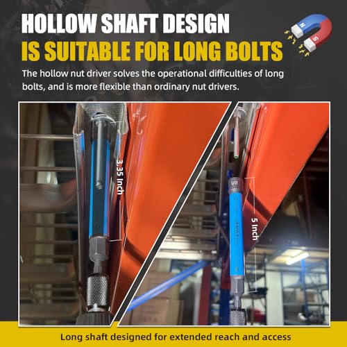 6 PCS Hollow Nut Driver Set, Magnetic nut driver set, Hollow Shaft Nut Driver Set, SAE, Color Coded, Hex Sizes, 1/4 to 9/16-Inch, Nut Setter, Hollow Nut Driver with 5-Inch Extended Reach 6 PCS Hollow Magnetic Nut Driver Set