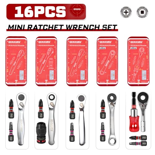 GEINXURN Mini Ratchet Wrench Set, 72 Teeth Ratchet Wrench For Tight Spaces, Locking Bit Holder, Change Adapter and Mini Socket Ratchet Comes in a Push-Pull Tin Case, Ideal for Repair and DIY projects 16