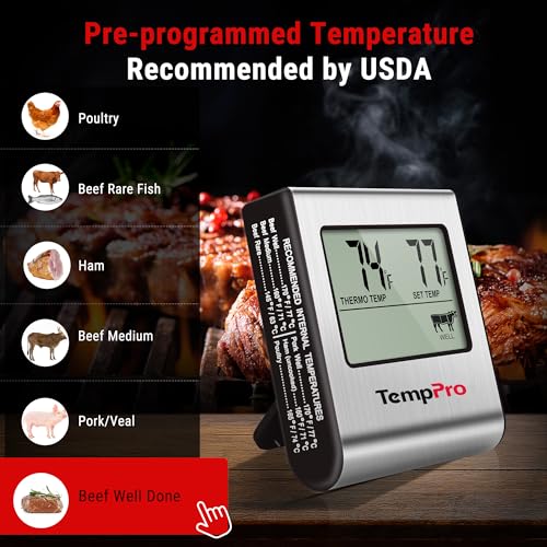 TempPro TempTrack Large LCD Digital Meat Thermometer for Cooking, Smoking Light Silver