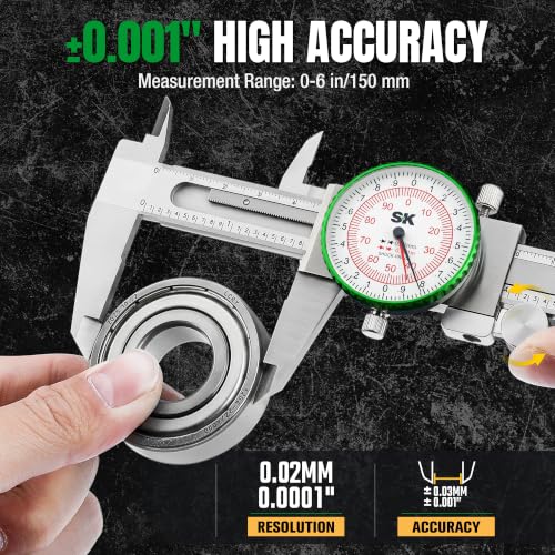 SK Dial Caliper, 6"/150mm Caliper Measuring Tool, ±0.001"/0.03mm Accuracy