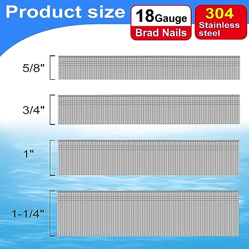 18 Gauge 5/8" to 1-/4 Inch 304 Stainless Steel Brad Nails, 2000-Pack