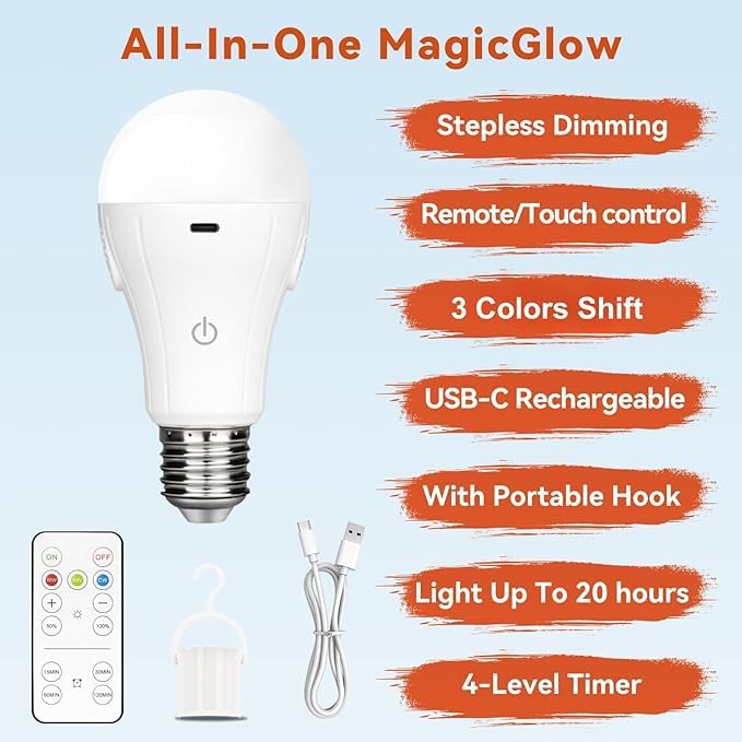 Neporal MagicGlow Rechargeable Light Bulbs with Remote, 3 Colors Shift + Stepless Dimmable Battery Powered LED Bulbs, USB Rechargeable, A19 Emergency LED Light Bulbs, 15W, Up to 24 Hours White 4