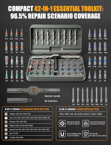 Magnetic Ratcheting Screwdriver Set, 42 in 1 Ratchet Screwdriver Sets, S2 Steel Bits Screw Driver DIY, Suitable for Furniture Assembly, Precision Electrical Appliance Repair, Bicycle Tools