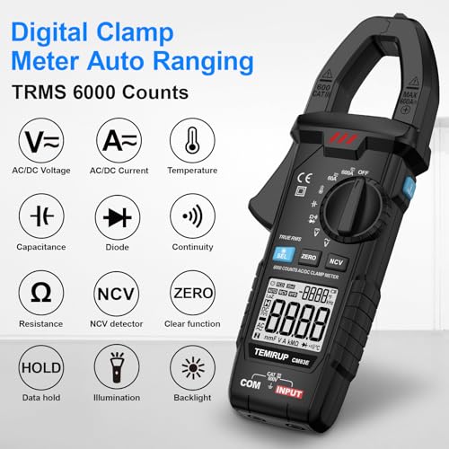 Clamp Meter 6000 Counts TRMS, 600A AC/DC Amp Meter, Multimeter Tester Black
