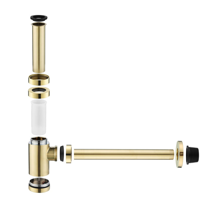 Bathroom Brass Contemporary Round Bottle P Trap 1-1/4, Lavatory Adjustable Basin Sink Waste Drain P-Trap Kit, General US Standard, Brushed Nickel Gold