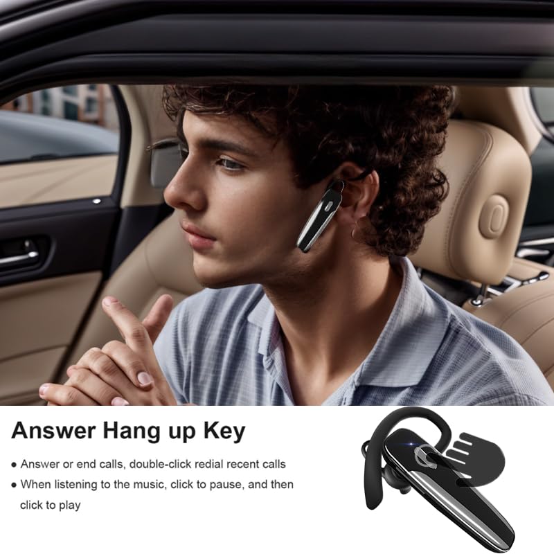 Single Ear Bluetooth Headset V5.3 Single-Ear Earpiece with Wireless Microphone 48H Battery, Bluetooth Earpiece - Handsfree for Driving/Truck Drivers, Compatible with iPhone, Android, Samsung Minimalist Glossy Black