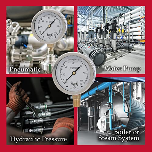 Winters 2-1/2" Dial Size, Liquid Filled Industrial Pressure Gauge, Brass Internals, 304 Stainless Steel Case, Single Scale 0-60 psi, 1.5% Acc, 1/4" NPT Bottom Mount, Glycerin Filled Pressure Gauge 0/60 PSI