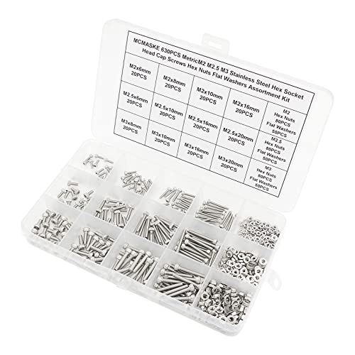 630PCS M2-M3 304 SS Knurled Socket Head Cap Screw Nut & Washer Kit M2M2.5M3