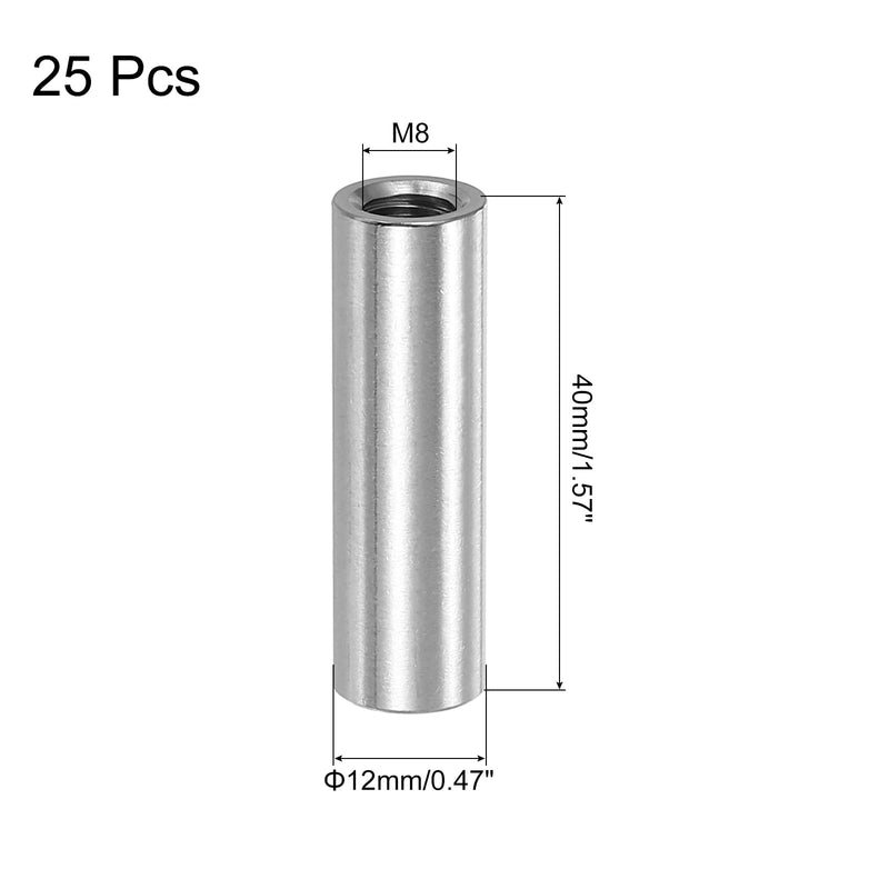 uxcell M8x1.25mm Round Coupling Nuts, 25 Pcs 304 Stainless Steel Connector Nuts Fasteners Rod Bar Stud 40mm for Industrial Construction Fasteners, Silver M8x1.25mm x 40mm