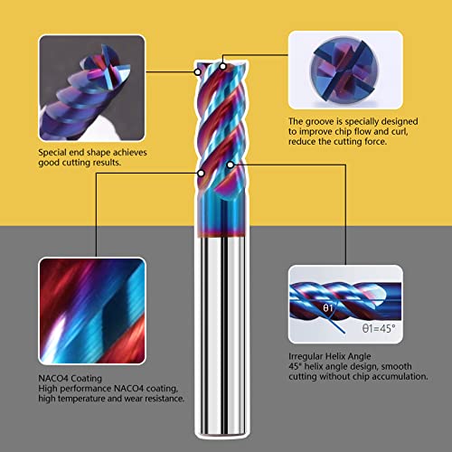 3/8" Solid Carbide Square End Mills Set 65HRC Extra Long 4" Milling Cutter 4 Flute CNC Milling Bits for Stainless Steel Hardness Steel 3/8 IN-extra long 1