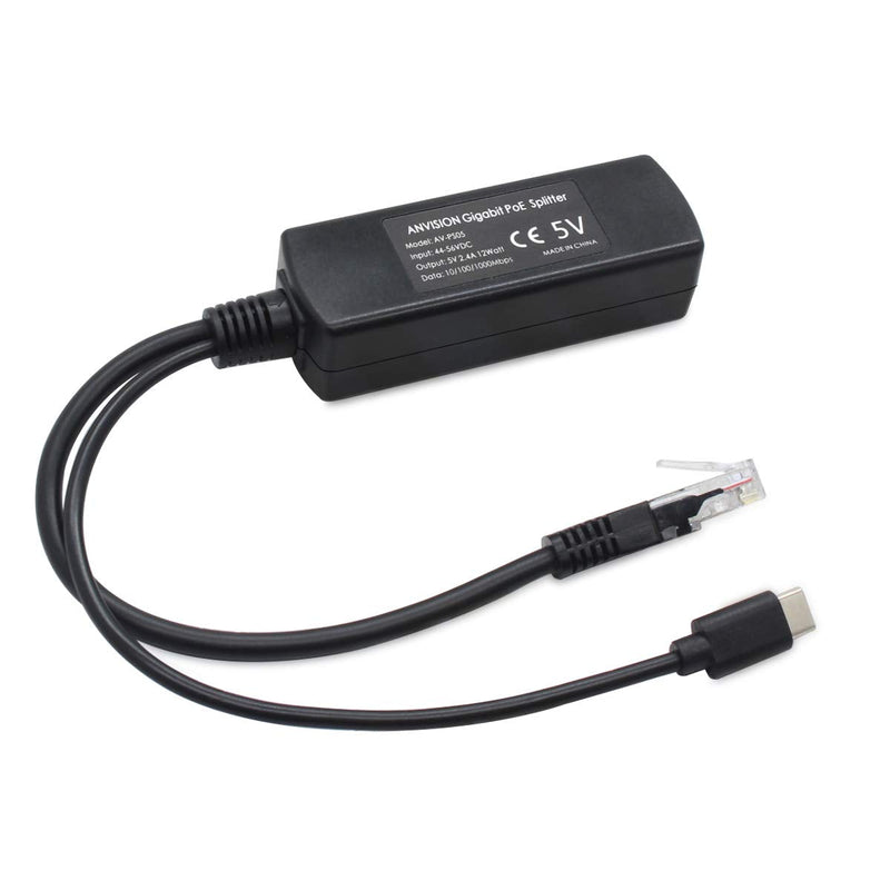 ANVISION 2-Pack 5V Gigabit PoE Splitter, USB Type C, 48V to 5V 2.4A Adaper, IEEE 802.3af Compliant