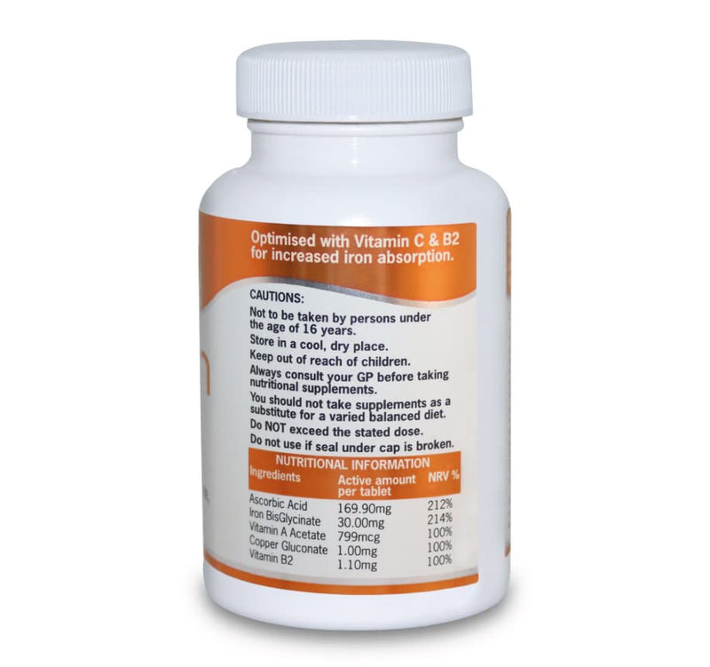 HAIRIRON - High Strength Iron Supplements - Gentle Iron BisGlycinate 30mg with Vitamins C, A & B2 Tablets, Vegan Supplements for Men & Women's Health - 90 Tablets.