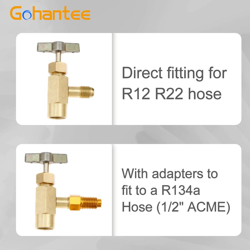 gohantee R1234yf Can Tap Adapter Fitting Kits, 1/4 SAE to 1/2 Acme LH Can Bottle Tap Opener with 1/4'' SAE Female Adapters and Seal Caps, Brass Dispenser for R134a R12 R22 Charging Hose