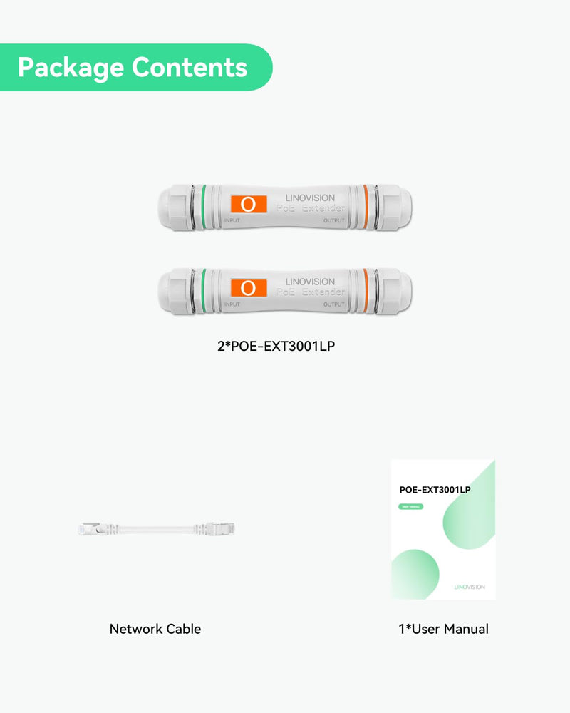 LINOVISION Long Distance Outdoor PoE Extender, Max 2600ft Power and Data Transmission Over Cat5E/Cat6 IEEE 802.3af/at Waterproof PoE Extender, PoE Repeater for IP Cameras, VoIP Phone (2 Pack)