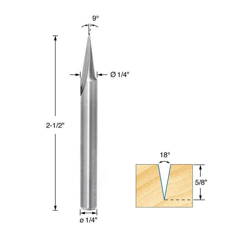 Amana Tool - 45783 Solid Carbide Carving Liner 18 Deg x 1/4 Dia x 5/8 x 1/4" Shank x 1