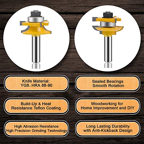 LEATBUY Router Bits 1/2 Inch Shank Raised Panel Router Bit Set 3 PCS Round Over Cabinet Door Rail and Stile Woodworking Wood Cutter Woodwork Carbide Groove Tongue Milling Tool(1/2-Double R)