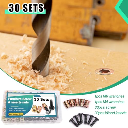 Twidec/30 Sets 1/4-20x15mm Threaded Inserts for Wood Furniture Screw Nut Kit Bolt Fastener Connector with 1/4-20x20mm Screw-in Nuts and Hex Wrench N-083-30set (Pack of 2)
