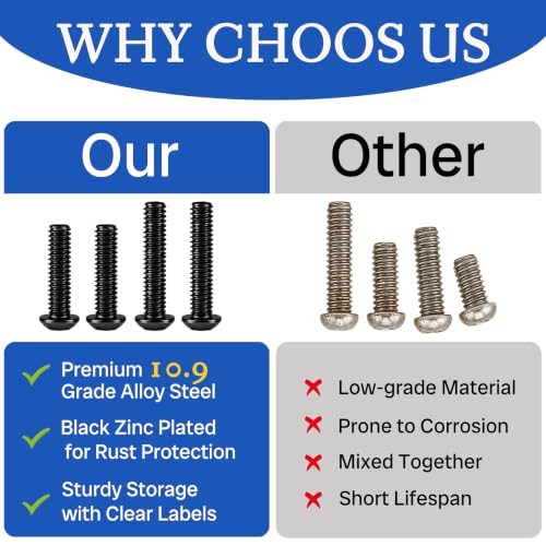 795PCS M3 Screws Assortment Kit M3x10/12/14/16/20/25/30/40mm Hex Button Head Socket Cap Screws Bolts Nuts Washers Kit 10.9 Alloy Steel Black Zinc Plated for 3D Printer&DIY M3-795-Button