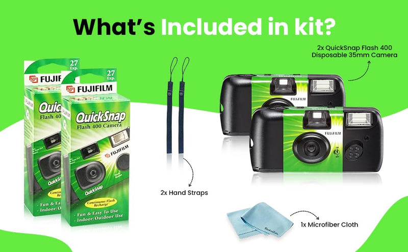 Fujifilm QuickSnap Flash 400 Disposable 35mm Camera • 2 Pack • 2 Hand Straps • BluebirdSales Microfiber Cleaning Cloth