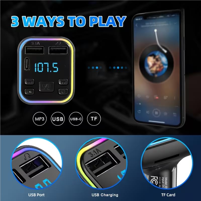 Car MP3 Player, Wireless FM Transmitter, USB and C Fast Charging, Mobile Phone Kit - Car Mobile Phone kit, FM Modulator for MP3 Players