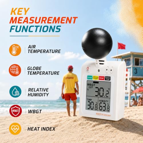 Wearable WBGT Heat Index Meter | Portable 40mm Black Ball Heat Stress Tester Air Globe Temperature Humidity Tester with Dangerous Level Indicator, 4-Level LED/Buzzer Alarm, Tripod Mount & IN/OUT Modes