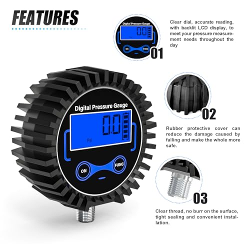 MEANLIN MEASURE 0-300PSI Digital Pressure Gauge with Rubber Cover, Lower Mount, Accuracy 1%, Resolution 0.1psi, with 1/8" x 1/4" and 1/8" x 3/8" NPT Hex Bushing 0 - 300 PSI Lower Mount (1/8 NPT)