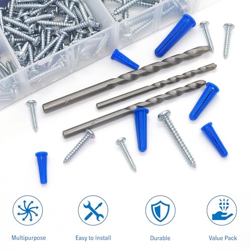 Conical Concrete Wall Anchors and Screws Assortment Kit, 340 Pcs Masonry Anchors with 3PCs Drill Bit,170 Brick Wall Anchors and 170 Self Tapping Screws, Blue