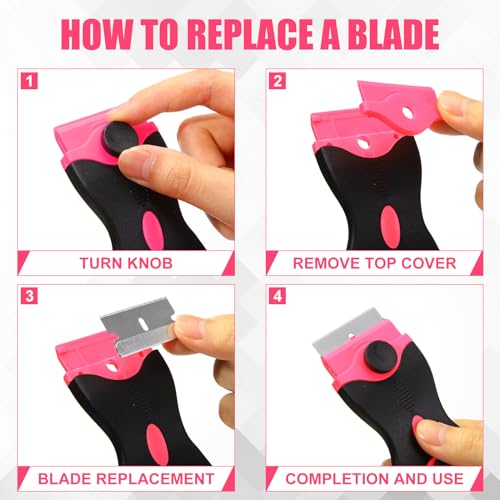WILLBOND 72 Pcs Double Razor Blade Scraper Tool Set 12 Pcs 2 in 1 Razor Scraper Remover 60 Pcs Metal and Plastic Blades for Decal, Sticker, Label, Caulk Adhesive, Paint Stovetop, Subfloor (Pink) Pink