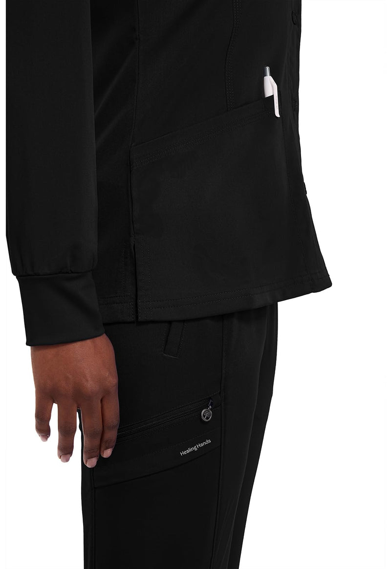 Healing Hands Women's Snap Front Scrub Jacket Daisy 2-Way Stretch Uniform 5063 Large Black