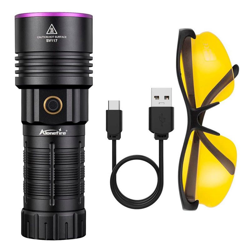 ALONEFIRE SV117 70W Professional UV Flashlight 365nm Digital Display USB-C Rechargeable with Protective Glasses