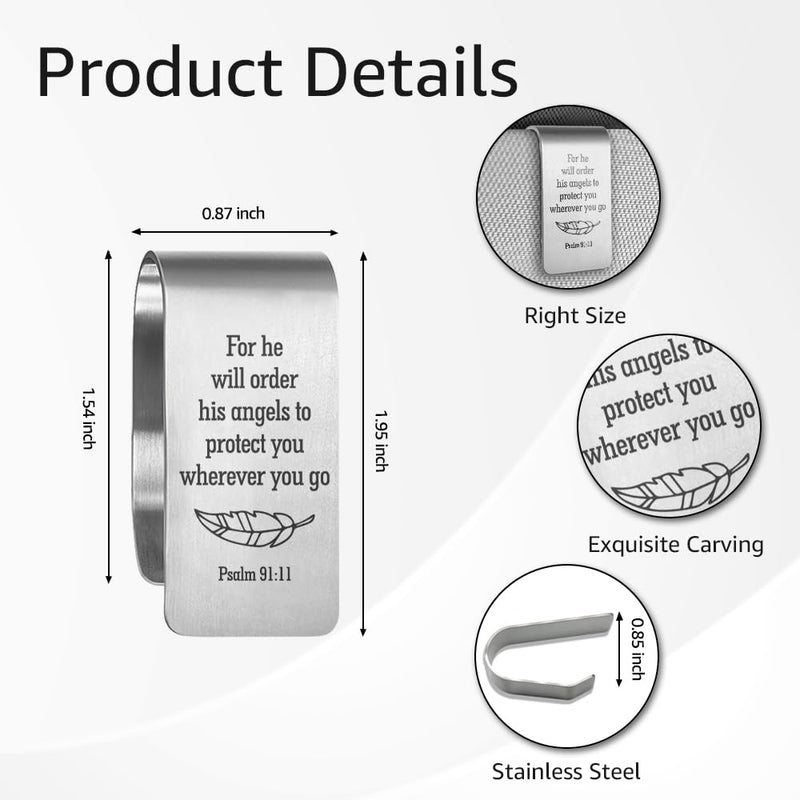 For He Will Order His Angels to Protect You Wherever You Go Engraved Stainless Steel Car Visor Clip, Psalm 91:1 Sign, Funny Religious Gifts for Women Men Family Friend Driver, New Driver Gifts Silver14