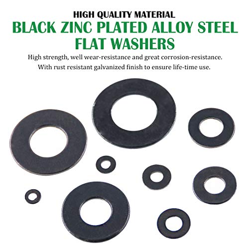 Keadic 760Pcs Flat Washers Assortment Kit Black Zinc Plated Alloy Steel, 9 Sizes - M2 M2.5 M3 M4 M5 M6 M8 M10 M12 Zinc Plated Flat Washer - 760Pcs