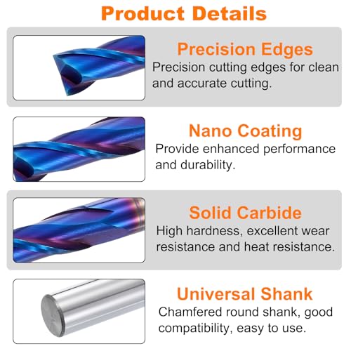 HARFINGTON Spiral Router Bit, 3/8" Cut Dia. Up Cut 2-Flute Solid Carbide End Mill with 1/2" Shank for CNC Wood Carving Engraving, 1-1/4" Cut Length, Blue Nano Coated 3/8" x 1-1/4" x 1/2" x 3"
